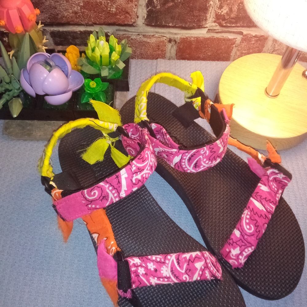 Arizona Love Pink Paisley Bandana Strap Sandals with Yellow & Orange Accents